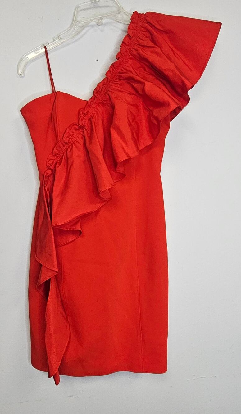 Cinq à Sept Womens Vibrant Red/Orange Ruffle One-Shoulder Mini Dress-Size 6